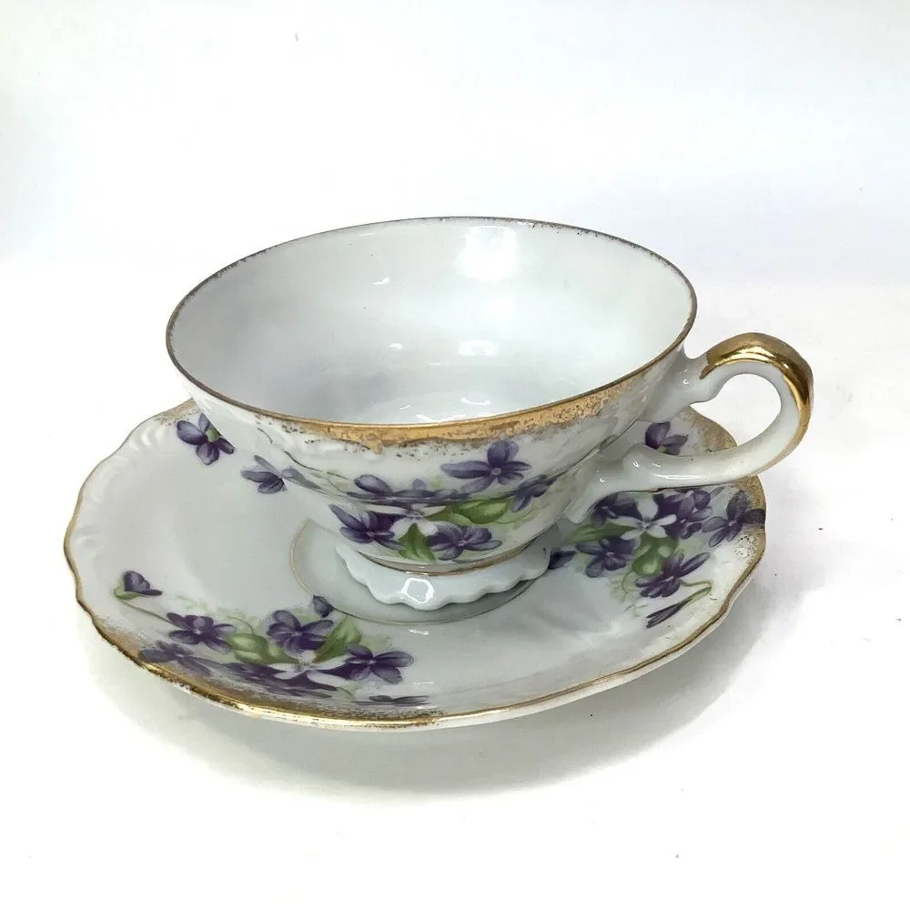 Vintage Cup & Saucer Set‎ Porcelain Rose Interior Plain Exterior Unmarked gold